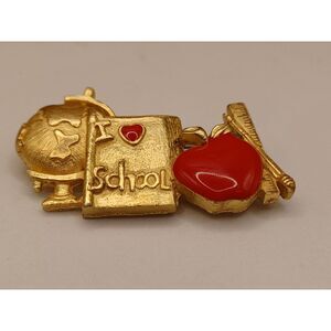 Vintage Teachers Gift "I Love School" Globe, Book, Enamel Apple Ruler Pin Brooch